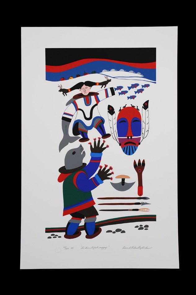 Inuit Lithograph "A Bountiful Supply" by David Ruben: Inuit Lithograph "A Bountiful Supply" by David Ruben Piqtoukun 45/200 (b) 20 1/2"x 31 1/2" Good Condition with Minor Crease At Top, Out of Subject Matter