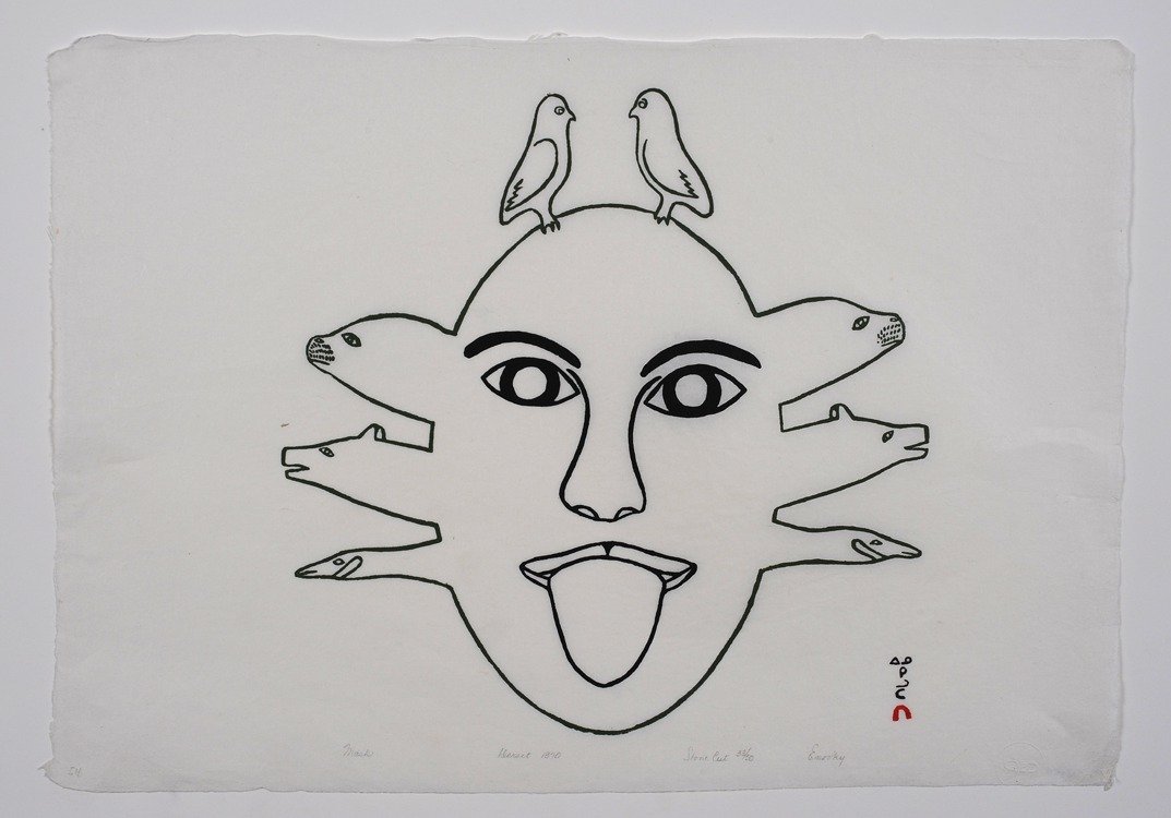 Inuit Stonecut Print "Inuit Faces" by Emooky 33/50 -: Inuit Stonecut Print "Inuit Faces" by Emooky 33/50 - Cape Dorset 1970 17"x 24" Fair Condition