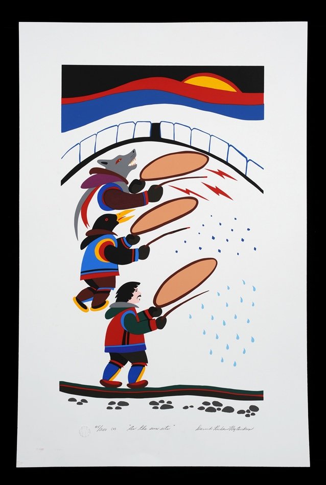 Inuit Lithograph "As the Sun Sets" by David Ruben: Inuit Lithograph "As the Sun Sets" by David Ruben Piqtoukun 45/200 (a) 20 1/2"x 31 1/2" Good Condition with Minor Crease At Bottom, Out of Subject Matter