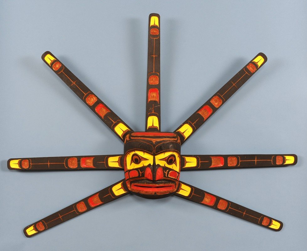 Northwest Coast Sun Mask Carved by Joe Jules 48" W. 36": Northwest Coast Sun Mask Carved by Joe Jules 48" W. 36" H. Good Condition