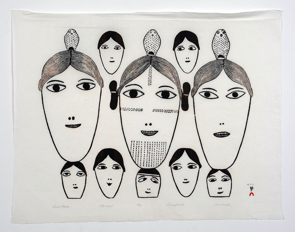 Inuit Stonecut Print "Inuit Faces" by Jamassee 29/50 -: Inuit Stonecut Print "Inuit Faces" by Jamassee 29/50 - Cape Dorset 1977 22"x 28" Fair Condition