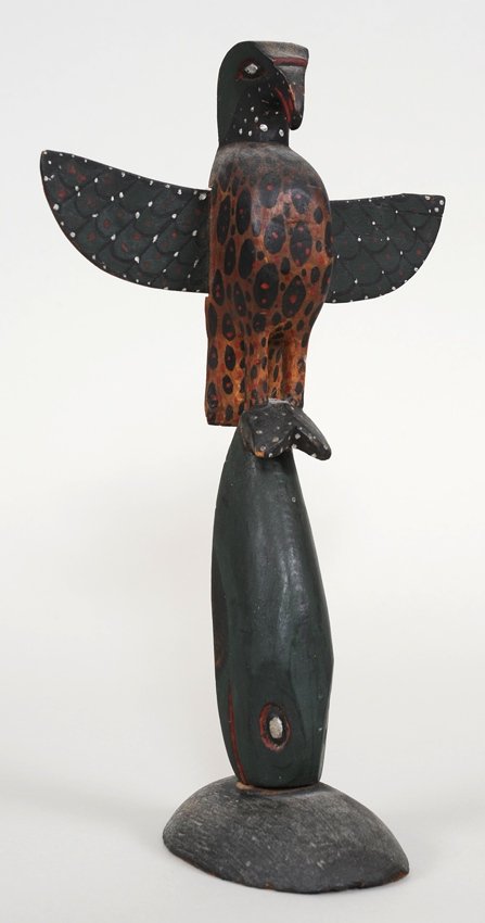 Northwest Coast Eagle and Whale Totem ca. 1940: Northwest Coast Eagle and Whale Totem ca. 1940 Attributed to Dan Paul - Sechelt, B.C. - John Spangler Estate 11 3/4" H. 6 3/4" W. Good Condition with Repair To Tail