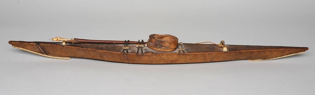 19TH C. Inuit Model Kayak with Harpoon Ship Canada Only: 19TH C. Inuit Model Kayak with Harpoon 22 1/2" L. Good Condition NOT ALLOWED TO SHIP OUTSIDE CANADA