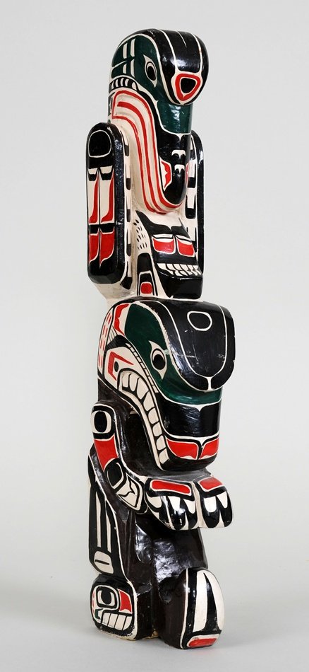 Northwest Coast Totem Carved with Raven and Wolf 16 ": Northwest Coast Totem Carved with Raven and Wolf 16 " H. 3" W. Good Condition