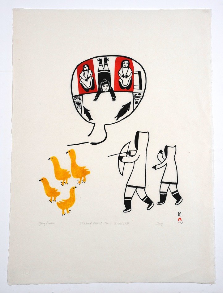 Inuit Stonecut Stencil Print "Young Hunters" Lucy Qinnu: Inuit Stonecut Stencil Print "Young Hunters" Signed Lucy - Lucy Qinnuayuak 18/50 - Cape Dorset 1976 25"x 33 3/4" Good Condition