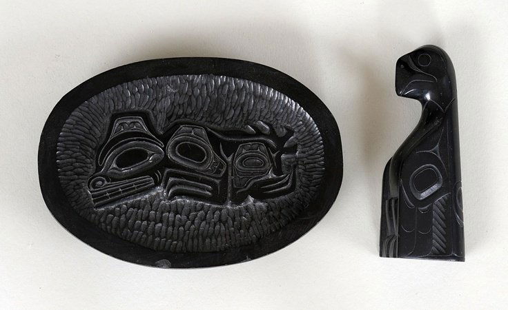 Haida Argillite Dish Carved with a Wasco - John: Haida Argillite Dish Carved with a Wasco - John Spangler Estate 3 1/4"x 4 5/8" Good Condition with Minor Chip On Edge and an Argillite Eagle Carved by Pat Dixon 3 1/4" H. Good Condition