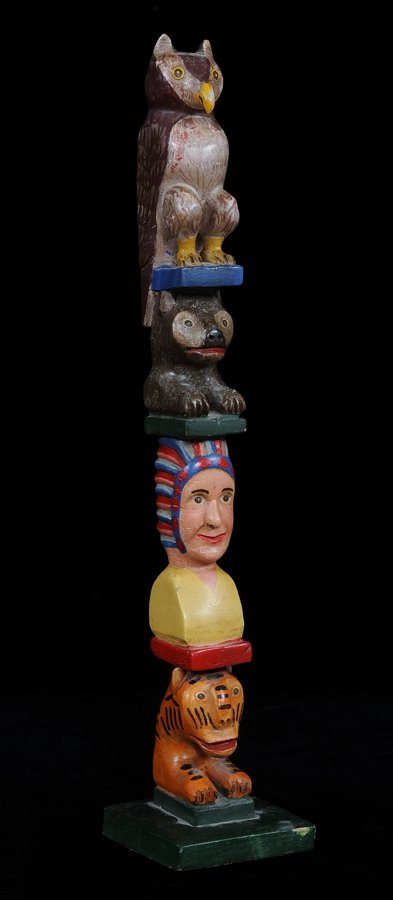 Totem Carved with Owl, Bear Cub, Chief and Tiger - John: Totem Carved with Owl, Bear Cub, Chief and Tiger - John Spangler Estate 21" H. 4 1/4" W. Base Good Condition
