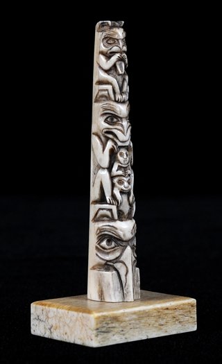 Finely Carved Bone Totem with Totemic Design 4 3/8" H.: Finely Carved Bone Totem with Totemic Design 4 3/8" H. Good Condition