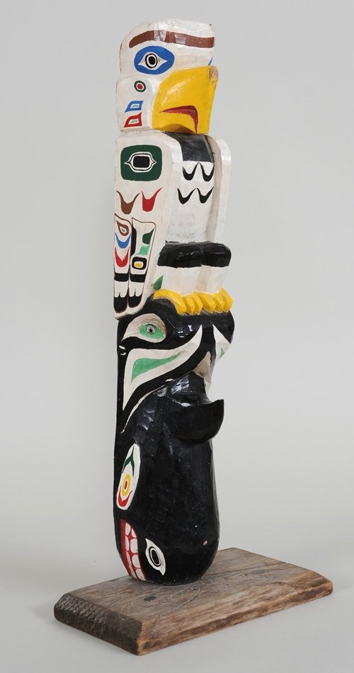 Northwest Coast Totem Carved with an Eagle and Killer: Northwest Coast Totem Carved with an Eagle and Killer Whale - John Spangler Estate 21" H. 3 3/4" W. Good Condition