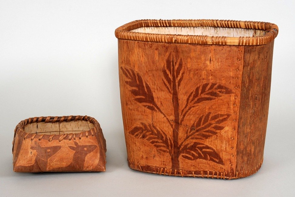 Two Birch Bark Basket with Incised Design - John: Two Birch Bark Basket with Incised Design - John Spangler Estate 11 1/2" L. 8" W. 10" H. Good Condition with Rim Loss and 7" L. 3" H. Good Condition