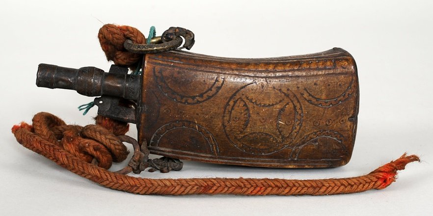 Carved Wood Powder Horn - John Spangler Estate 8" H.: Carved Wood Powder Horn - John Spangler Estate 8" H. 3" W. Good Condition