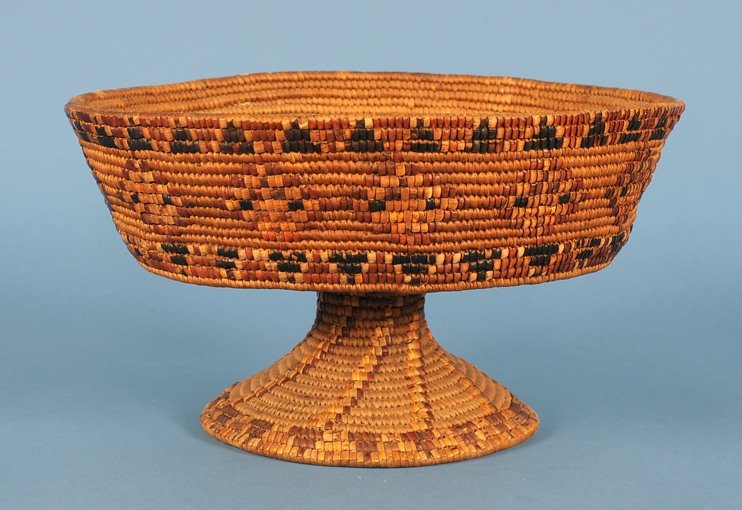 Lillooet Pedestal Basket with Diamond Imbricated Design: Lillooet Pedestal Basket with Diamond Imbricated Design - Phil Thiemer Collection 11 3/8" D. 6 3/4" H. Good Condition with Minor Stain Inside