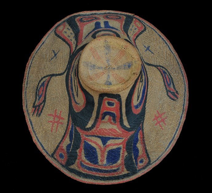 19TH C. Haida Spruce Root Basketry Hat with Painted: 19TH C. Haida Spruce Root Basketry Hat with Painted Design 15" D. 8" H. Good Condition with Minor Repair Crown of Hat