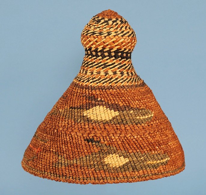 Nuu-chah-nulth Basketry Hat with Whale Design - Phil: Nuu-chah-nulth Basketry Hat with Whale Design - Phil Thiemer Collection 10 3/4" D. 11 1/2" H. Good Condition