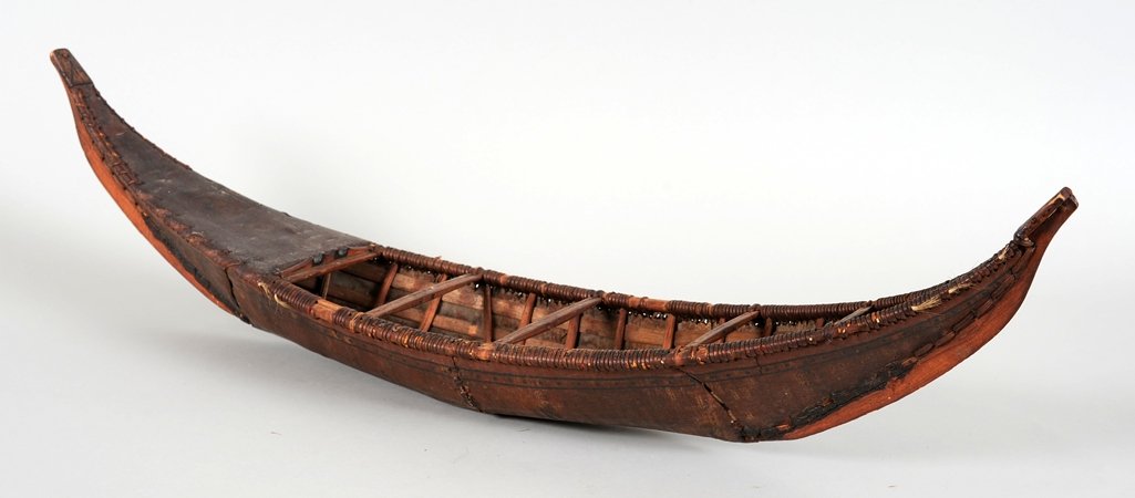 19TH C. Yukon Birch Bark Umiak with Painted Design 37: 19TH C. Yukon Birch Bark Umiak with Painted Design 37 1/2" L. 6 1/2" W. As Is