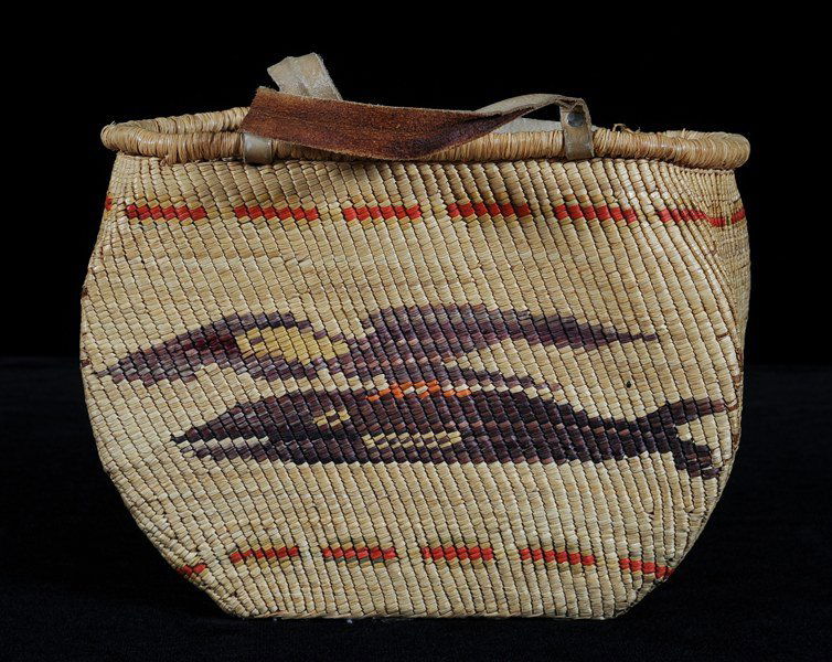 Nuu-chah-nulth Gathering Basket with Whale and Eagle: Nuu-chah-nulth Gathering Basket with Whale and Eagle Holding an Arrow Design 12" L. 9" Fair Condition
