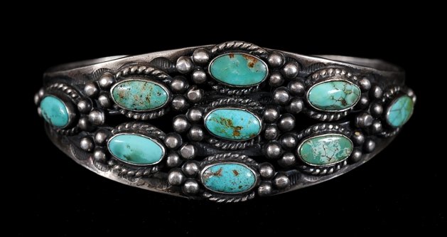 Navajo Silver and Crow Springs Turquoise Bracelet with: Navajo Silver and Crow Springs Turquoise Bracelet with Flat Bands, Fred Harvey Style ca. 1960's 36 GMS 5 1/2" L. 1 1/8 " W. 1" W. Gap Fine Condition