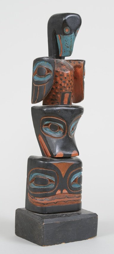 Tlingit Totem Carved with Three Figures 13" H. 4" W.: Tlingit Totem Carved with Three Figures 13" H. 4" W. Base Good Condition