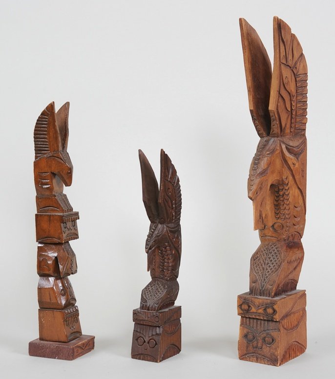 Three Nuu-chah-nulth Totems; One Carved Jimmy John 13: Three Nuu-chah-nulth Totems; One Carved Jimmy John 13 3/4" H. and Two by Chris John 18" H. and 11 1/4" H. All in Fair Condition