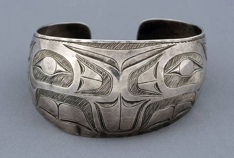 19TH C. Coin Silver Bracelet with Incised Design: 19TH C. Coin Silver Bracelet with Incised Design Attributed To Haida Artist Tom Price 7" L. 1 3/8" W. Good Condition with Minor Tear On Bottom