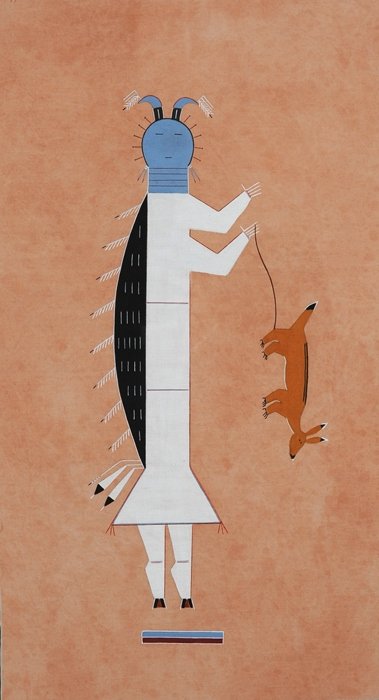 Navajo Sand Painting Design Painting on Cloth with Yei: Navajo Sand Painting Design Painting on Cloth with Yei Figure Holding a Rabbit 13 1/4"x 20 3/4" Framed Good Condition