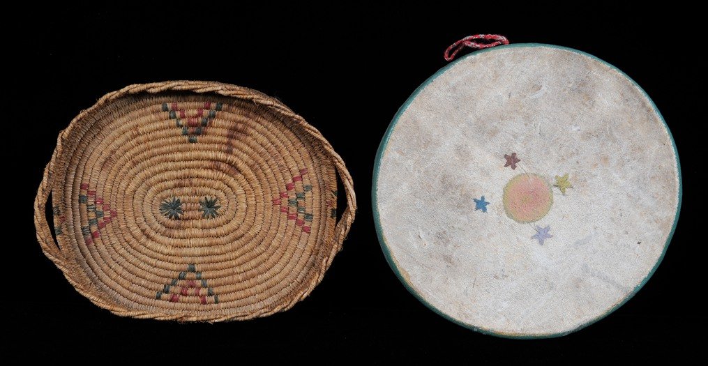 Inuit Woven Grass Basketry Tray with Handles 13" L. 10": Inuit Woven Grass Basketry Tray with Handles 13" L. 10" W. Fair Condition and a Painted Drum 13" D. Good Condition