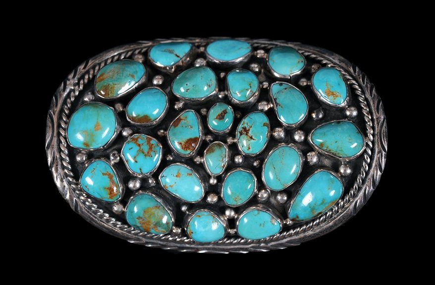 Large Navajo Silver and Turquoise Bracelet Stamped J P (1 of 2)