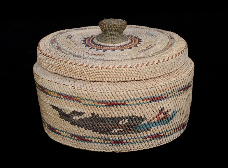 Nuu-chah-nulth Knob Top Basket with Canoe and Whale: Nuu-chah-nulth Knob Top Basket with Canoe and Whale Design Made by Felix Michael 7" D. 5 1/2" H. Good Condition