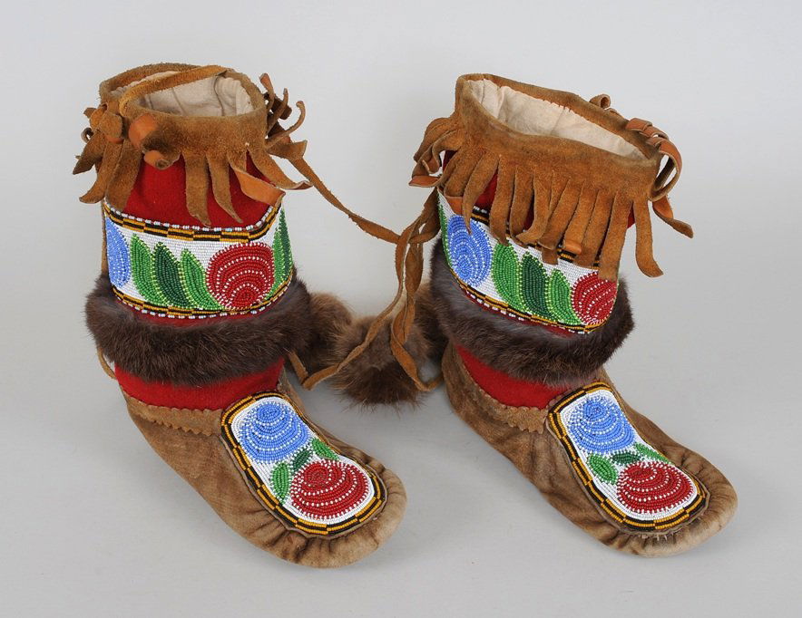 Pair of Cree Beaded Smoked Moose Hide High Top (1 of 2)