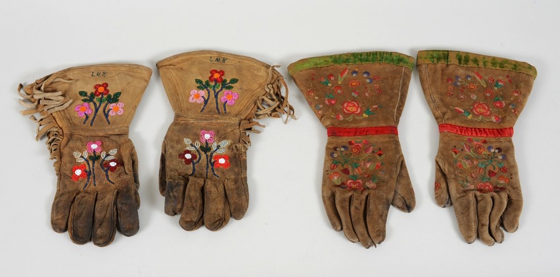 Two Pairs of Ladies Gloves; Beaded with Floral Design: Two Pairs of Ladies Gloves; Beaded with Floral Design by Leslie Millage King 1929 North Peace River Good Condition and Embroidered with Floral Design and Ribbon As Is
