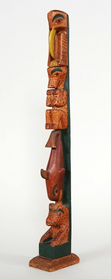 Tlingit Totem Carved with Oyster Catcher, Bears and: Tlingit Totem Carved with Oyster Catcher, Bears and Killer Whale 19 1/2" H. Good Condition