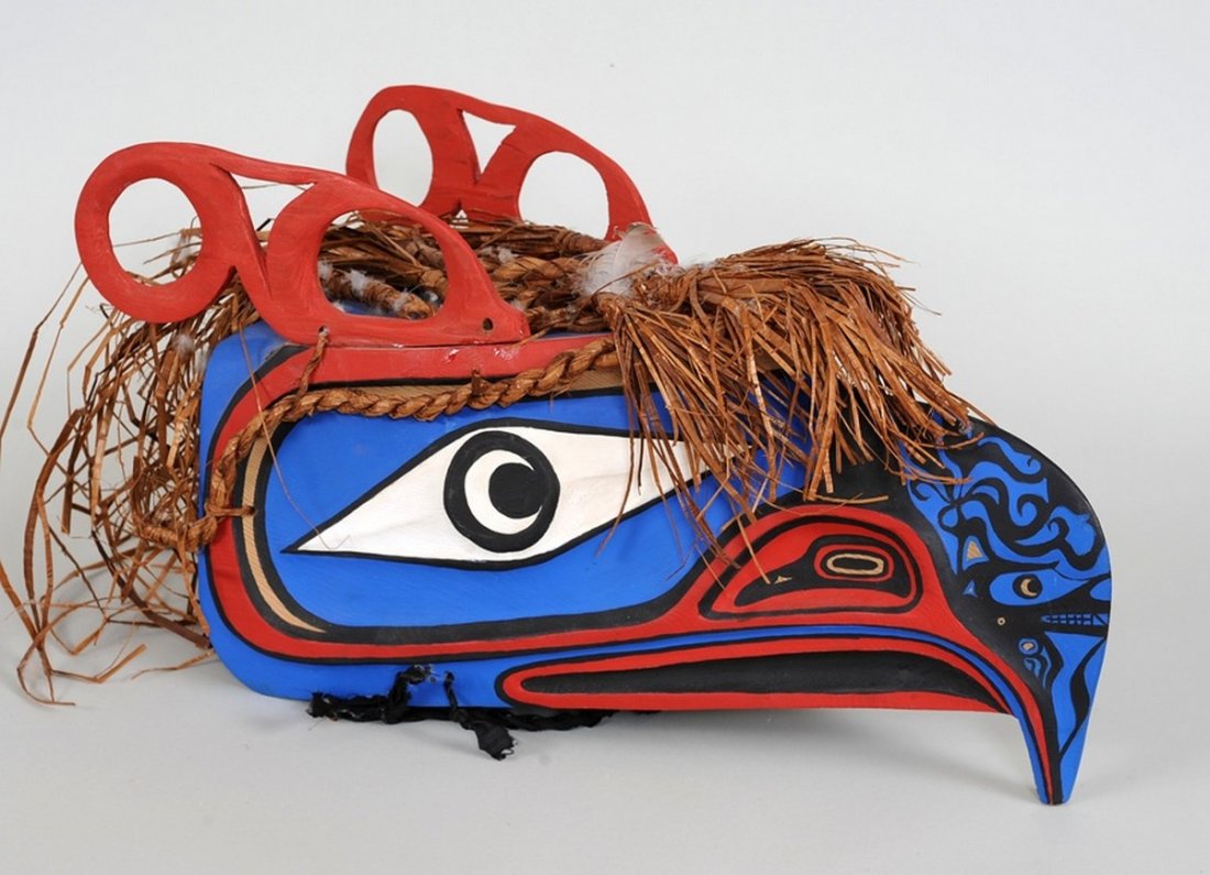 Northwest Coast Carved Hawk Helmet with Cedar Bark (1 of 2)