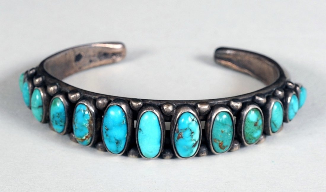 Navajo Silver Ingot and Turquoise 13 Stone Bracelet (1 of 3)