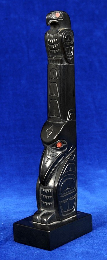 Glen Pollard Argillite Totem Carved with Eagle and (1 of 3)