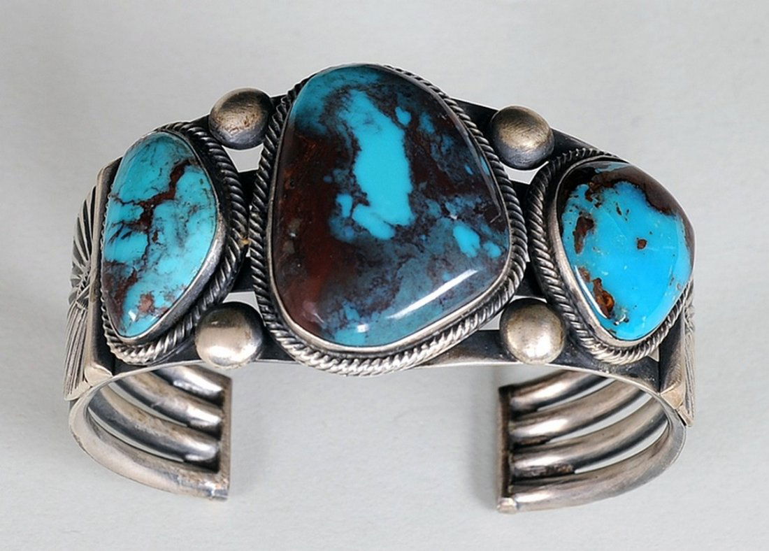 Navajo Silver and Bisbee Blue Turquoise Bracelet Made (1 of 2)