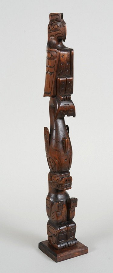 Northwest Coast Totem Carved with Thunderbird, Killer: Northwest Coast Totem Carved with Thunderbird, Killer Whale and Bear by George Bee 23" H. 3 5/8" W. Base Good Condition