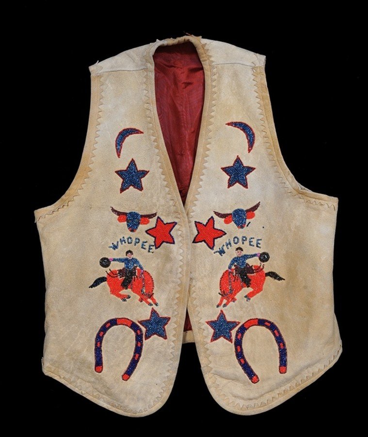 Beaded Vest with Bronco Rider, Star, Horseshoe and: Beaded Vest with Bronco Rider, Star, Horseshoe and "Whopee" Design Size Small - Estate of Alfred Higens Barber, Indian Agent Nicola Valley 1920's - 1940's