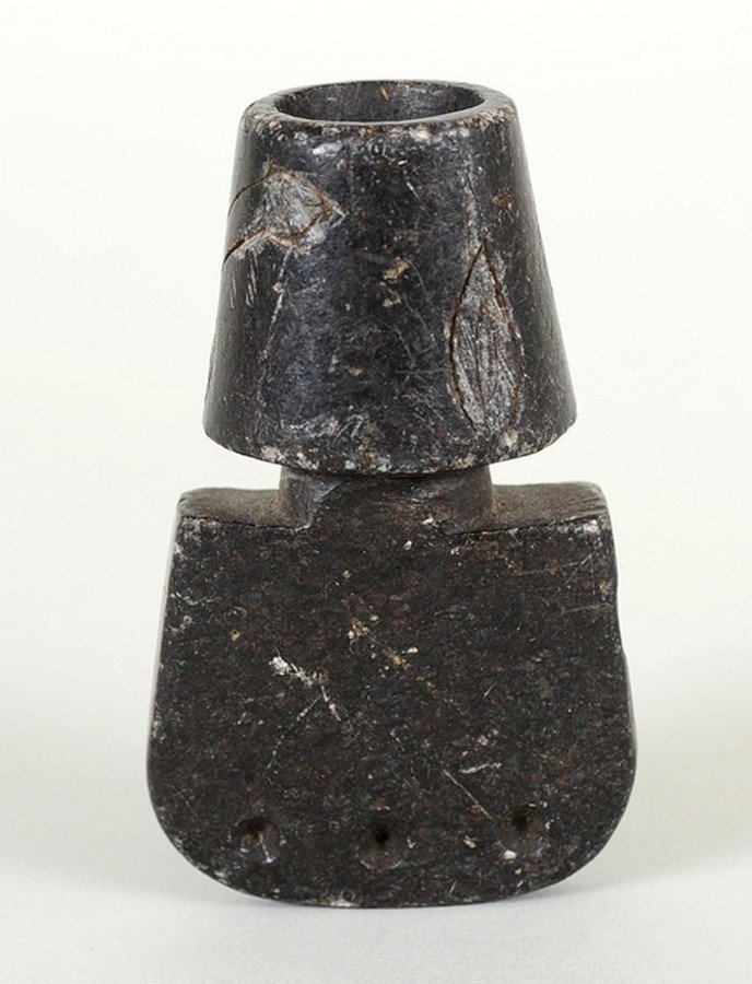 Early Micmac Steatite Pipe with Incised Erotic Design: Early Micmac Steatite Pipe with Incised Erotic Design From Fort Gary, Manitoba 2 3/4" L. 1 5/8" W. Good Condition