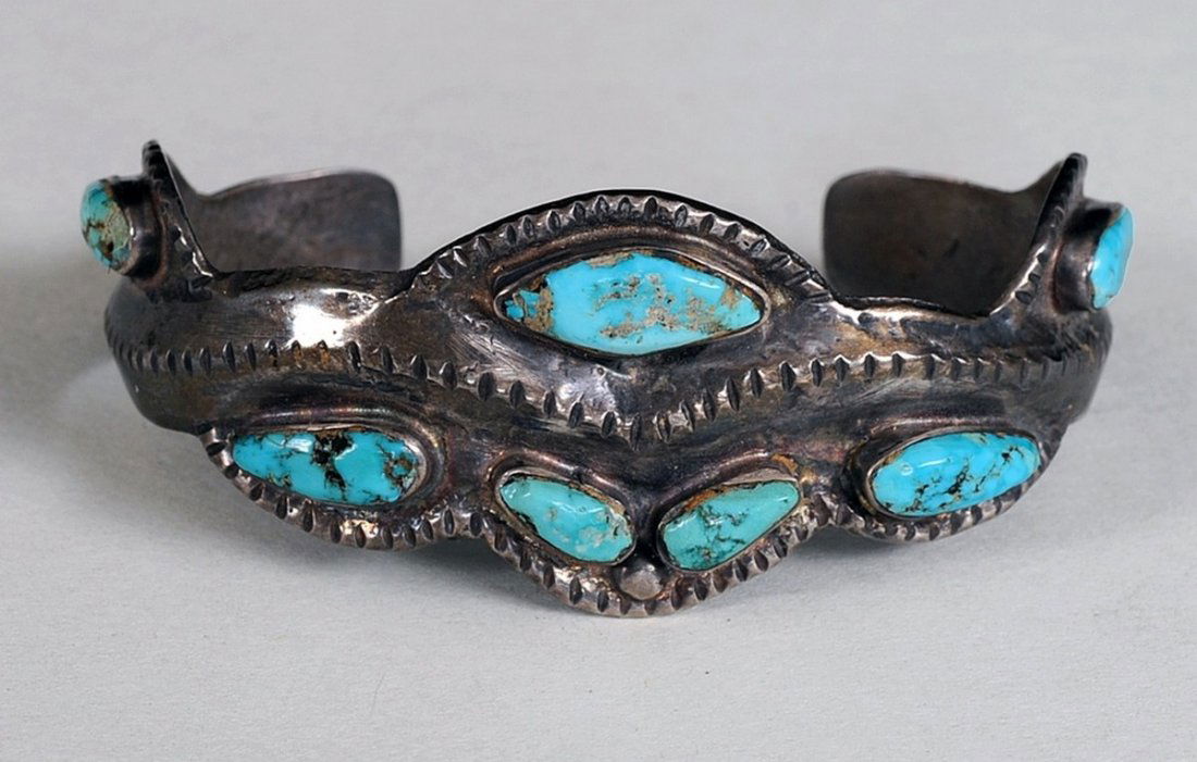 Navajo Silver and Turquoise Bracelet with Stamped (1 of 2)