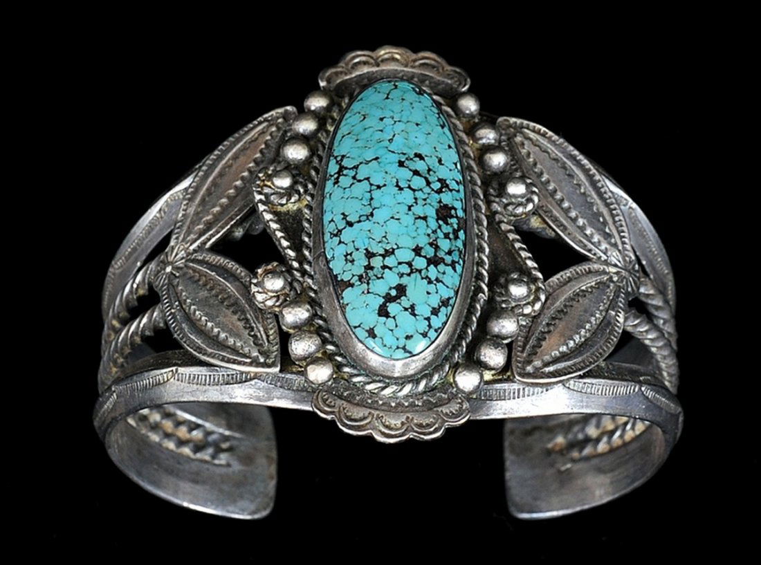 Navajo Silver and Turquoise Bracelet with Stamped (1 of 2)