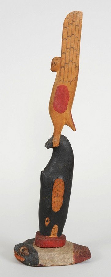 Northwest Coast Totem Carved with Eagle and Killer: Northwest Coast Totem Carved with Eagle and Killer Whale on a Frog Base 16" H. Good Condition