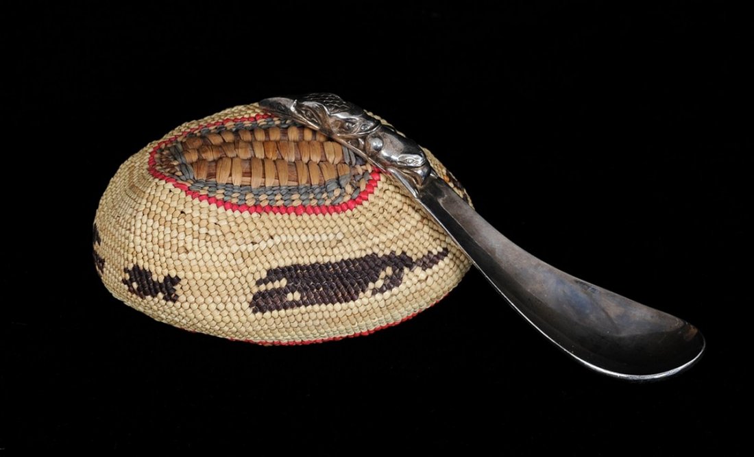 Nuu-chah-nulth Basketry Covered Shell with Whale, Canoe: Nuu-chah-nulth Basketry Covered Shell with Whale, Canoe and Bird Design 4 1/2" L. and a Cast Pewter Spoon with Bird Design 6" L. Both in Good Condition