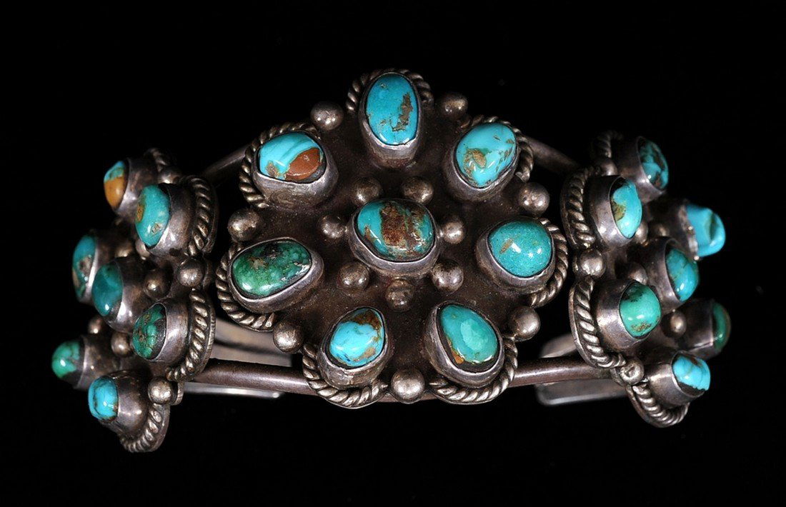 Navajo Silver and Turquoise Cluster Bracelet Signed San (1 of 3)
