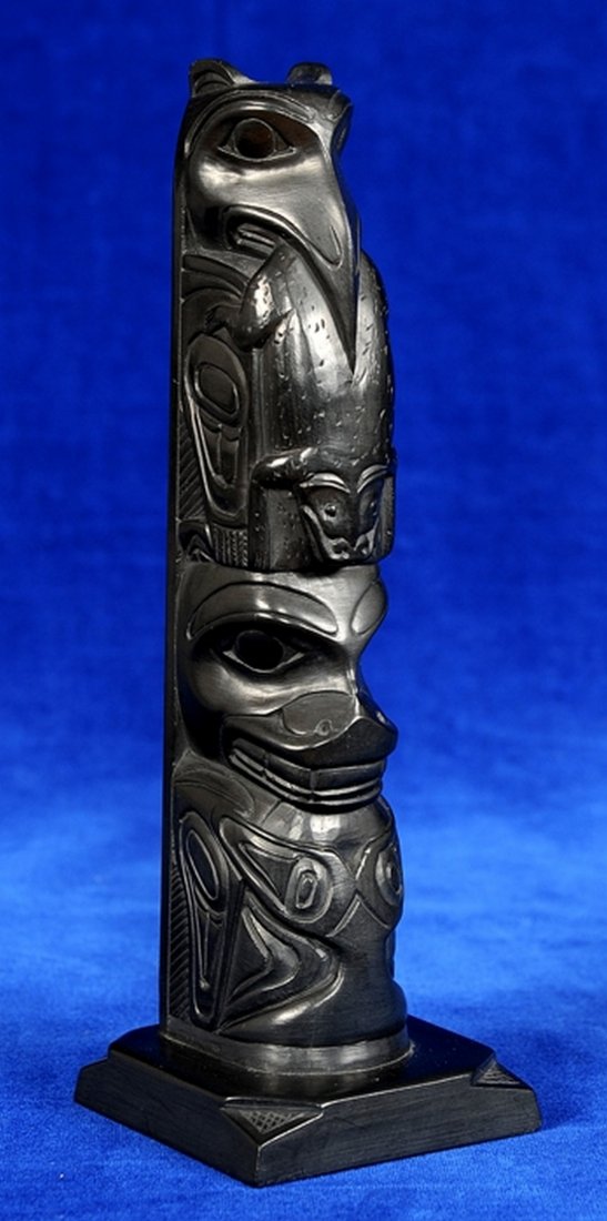 Rufus Moody Argillite Totem Carved with Raven Holding: Rufus Moody Argillite Totem Carved with Raven Holding Frog and a Wasco 8 3/4" H. 2 3/8" W. 2 3/8" Deep Good Condition with Minor Chip