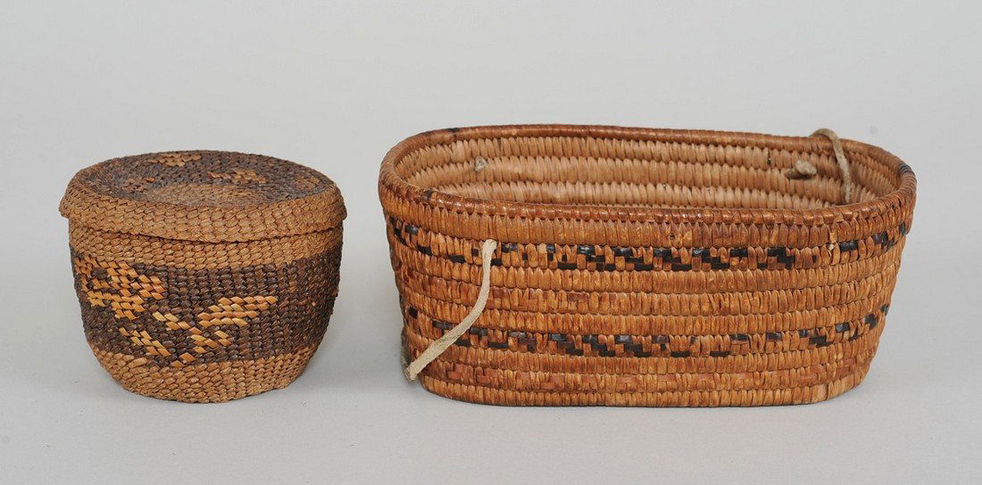 Salish Oval Shaped Basket 8" L. 4 3/4" W. and a (1 of 2)