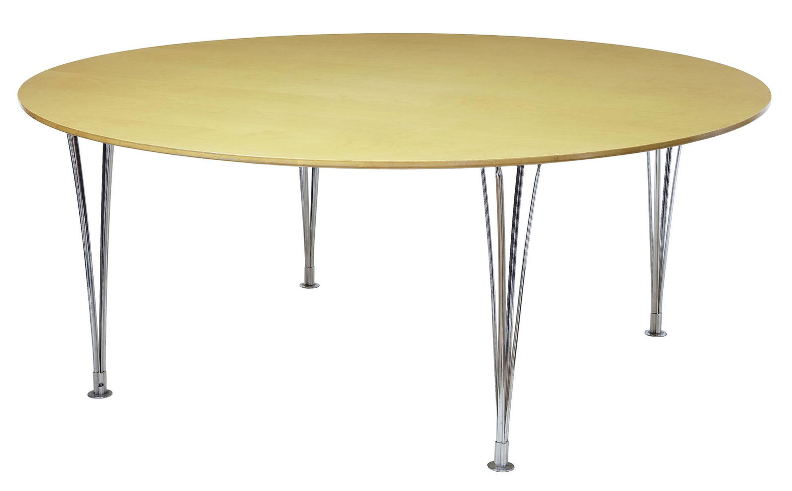 LARGE ROUND SCANDINAVIAN BRUNO MATHSSON BIRCH DINING TABLE: LARGE ROUND SCANDINAVIAN BRUNO MATHSSON BIRCH DINING TABLE CIRCA 1980.FINE PIECE OF KNOWN SCANDINAVIAN FURNITURE DESIGNER BRUNO MATHSSON. SEATS 10. DETACHABLE CHROMED LEGS ALLOWING FOR CHEAPER TRANSPO