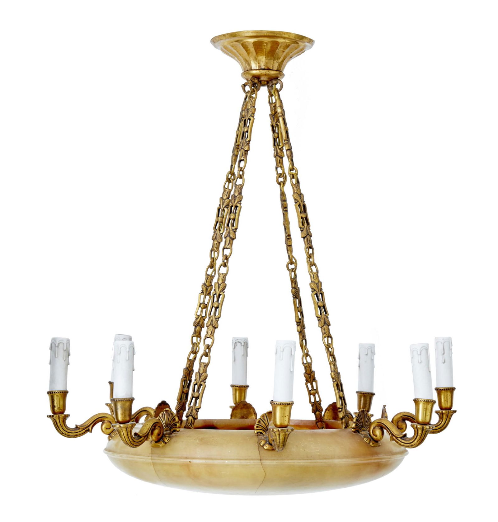 ART DECO ALABASTER AND ORMOLU CHANDELIER LIGHT: FINE QUALITY ART DECO PERIOD ART DECO ALABASTER CEILING LIGHT CIRCA 1920.8 ARM CHANDELIER WITH LIGHT FITMENTS AND FAUX CANDLE COVERS. 4 BULB HOLDERS INSIDE THE BOWL TO ILLUMINATE THE STONE. SUSPENDED