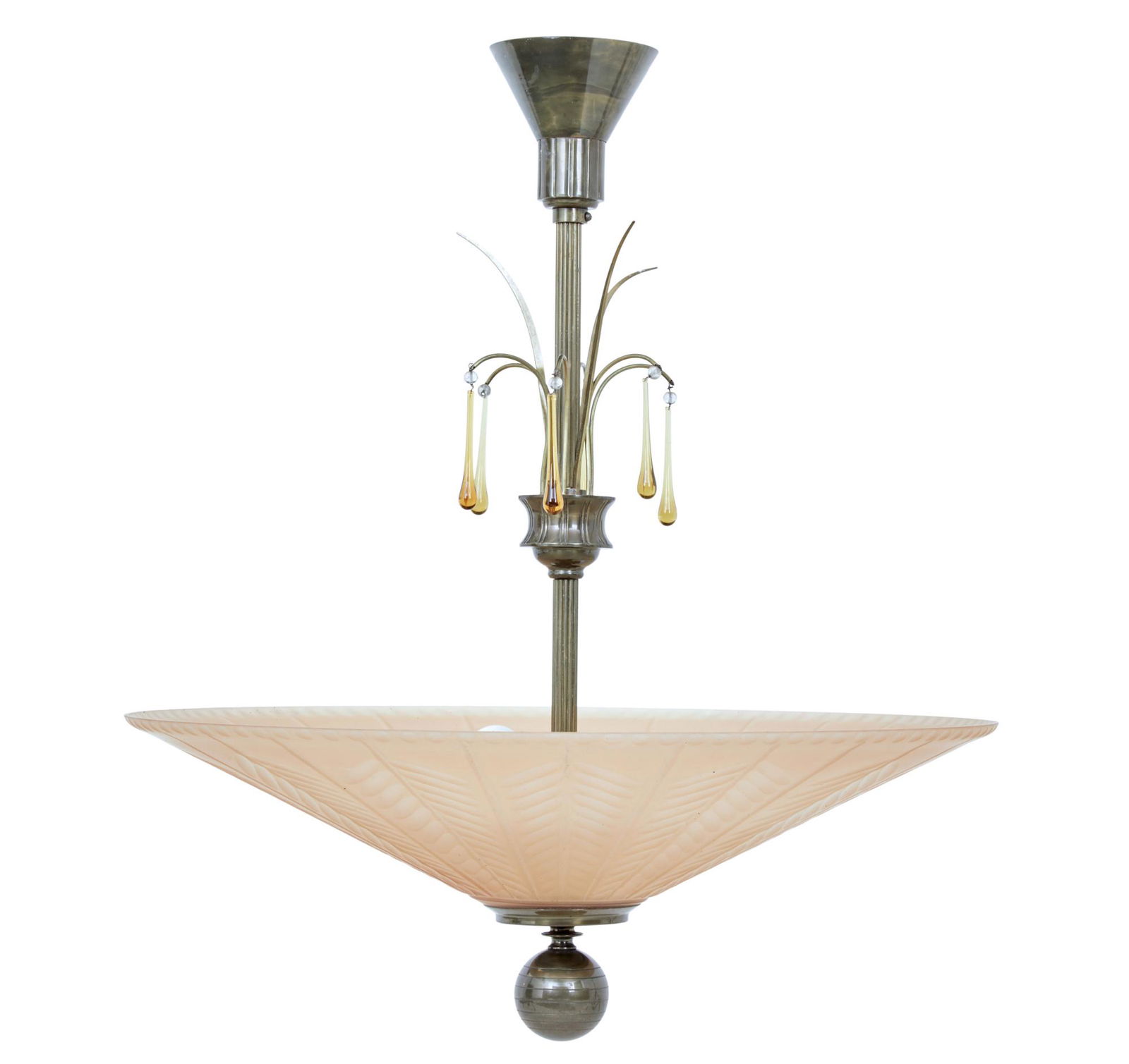 SCANDINAVIAN ART DECO CEILING DISH LIGHT BY ORREFORS: SCANDINAVIAN ART DECO CEILING DISH LIGHT BY ORREFORS CIRCA 1930.HANGING PENDANT LIGHT MADE BY SWEDISH COMPANY ORREFORS. MAIN FEATURE BEING THE CUT GLASS DISH MADE IN A FROSTED PEACH WITH A ETCHED PATT