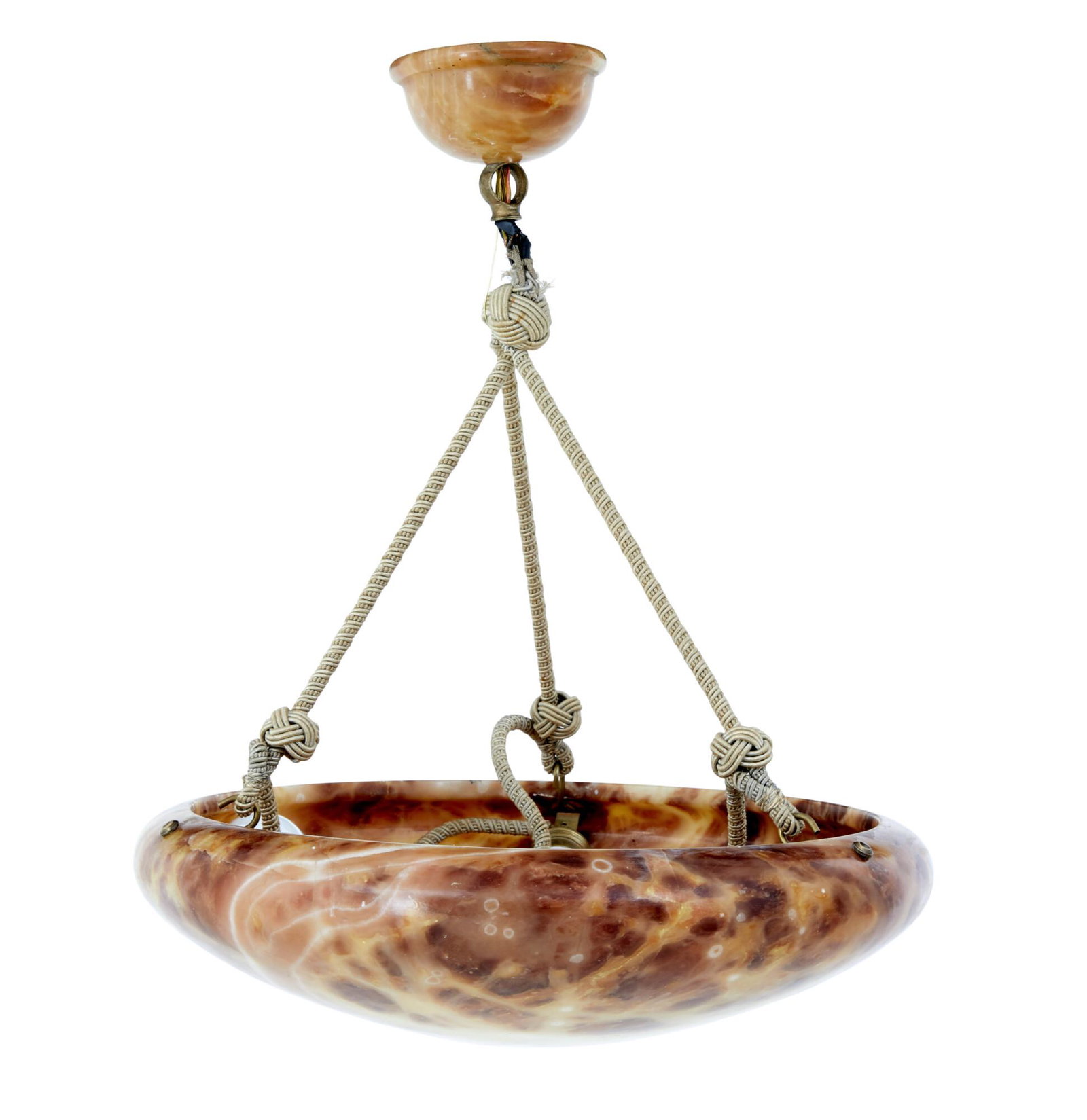 SWEDISH ART DECO ALABASTER HANGING PENDANT LIGHT: SWEDISH ART DECO ALABASTER HANGING PENDANT LIGHT CIRCA 1920.BEAUTIFUL QUALITY ALABASTER BOWL, WITH THE COLOUR AND VEINING THAT IS VERY SIMILAR TO TORTOISE SHELL.PLAIN BUT ELEGANT DISH SUSPENDED BY 3 R