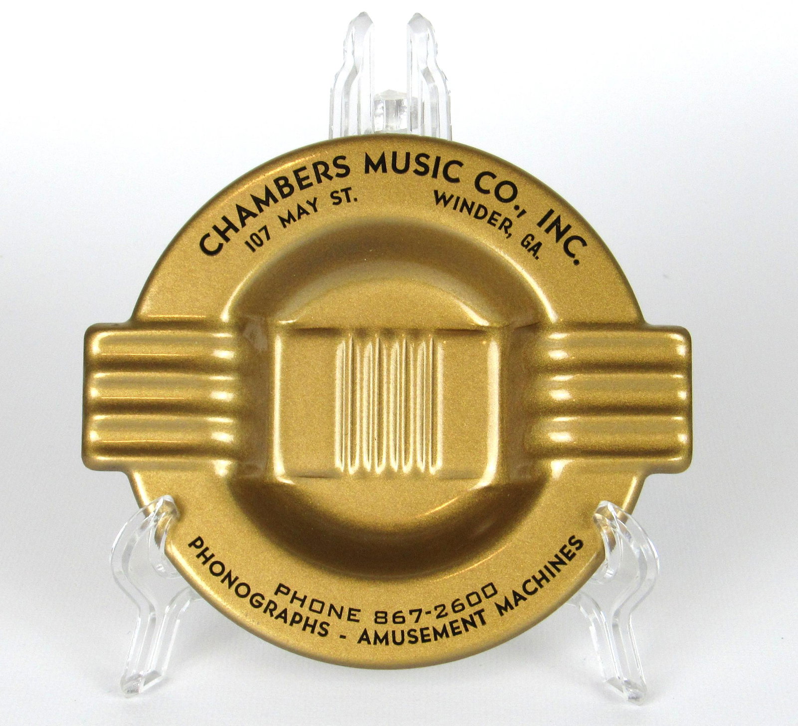 Chambers Music Company NOS Advertising Ashtray: Chambers Music Company of Winder, GA advertising ashtray Phonographs - Amusement Machines. 5" x 4.5".